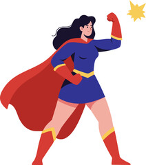 Fototapeta premium Female superhero character with red cape and blue costume showing strength and confidence vector illustration 