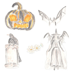 Halloween, grief, fear. Watercolor set illustration, hand drawn modern freehand new