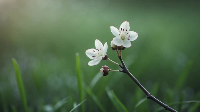 Delicate blossoms on a slender twig surrounded by grass.