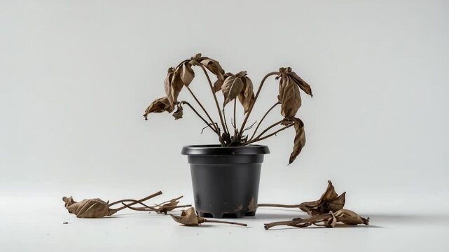 Small black plastic flower pot holding a withered brown basil plant.