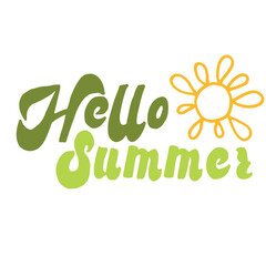 hand-lettered Hello Summer text with a yellow sunshine doodle. for summer-themed greeting cards, vacation posters, party banners, and seasonal advertising.vector illustration green color