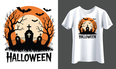 Halloween Vector Artwork Isolated from Background with Tombstones, Bats, and Bare Haunted Trees