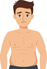 Fototapeta premium Sad man with worried expression and bare chest in vector illustration showing emotion and body language 