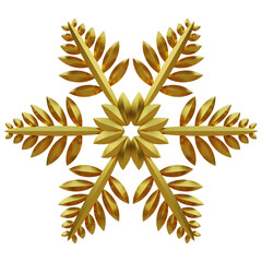 Golden snowflake design, 3d rendering.	