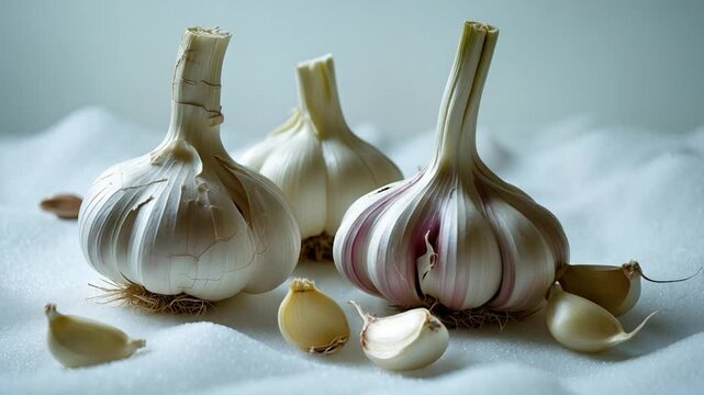 Three Fresh Garlic Bulbs with Cloves on Soft White Fabric Background Showcasing Varied Textures and Colors of Skins, Highlighting Natural Beauty and Culinary Potential