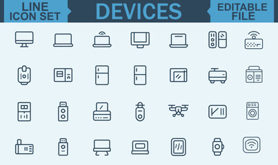 Line Style Web Icon Set of Electronic Devices and Gadgets Featuring Smart Technology, Computer Monitor, Smartphone, Tablet, Laptop, and Drone for Web and Mobile App Design