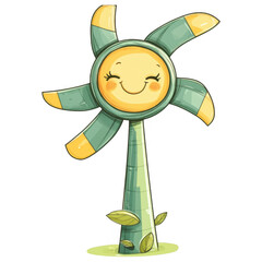 Happy Pinwheel Flower, Smiling Green Pinwheel, Cartoonish Wind Spinner, Playful Floral Toy, Cute Garden Decoration