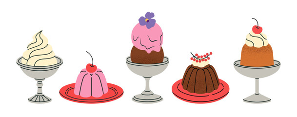 Set with illustrations of plates and bowls with various desserts. Can be used in restaurant advertisements, lifestyle blogs, prints, cards and invitation designs. Vector illustration.