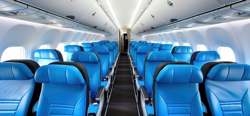 Fototapeta premium Empty airplane cabin with blue seats, ready for passengers. Modern aircraft interior. Travel concept.