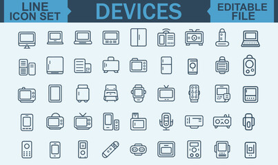 Line Style Web Icon Set of Electronic Devices and Gadgets Featuring Smart Technology, Computer Monitor, Smartphone, Tablet, Laptop, and Drone for Web and Mobile App Design