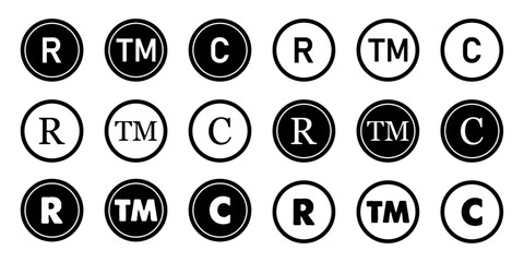 Registered trademark copyright icon set sign symbol black white isolated on transparent background legal intelectual protection trade patent identification
