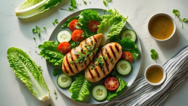 Grilled Chicken Breast Served on a Bed of Fresh Romaine Lettuce with Cherry Tomatoes, Cucumbers, and Herb Garnish, Accompanied by Two Bowls of Dressing.