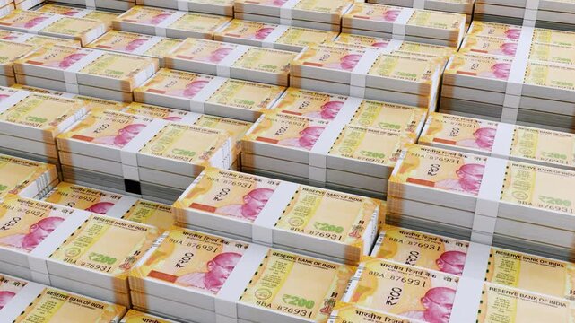 India 200 Rupee Banknotes Camera Movement in Slow Motion. Realistic 3D Animation of India Money, HD Resolution Currency Stack stock video