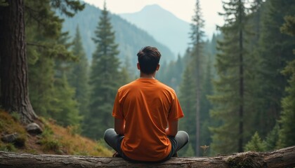 Man meditates on log, back view. Peaceful scene with forest background. Orange t-shirt, nature, forest, landscape. Healthy lifestyle, outdoor activities, mindfulness. Mountain scenery, travel