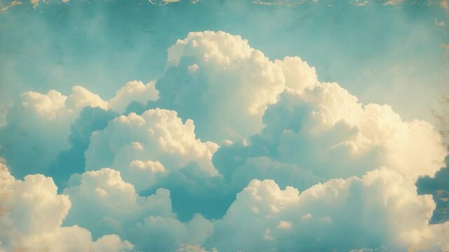 Majestic fluffy clouds in a serene blue sky, showcasing soft white textures with a vintage decorative border that adds a dreamy, ethereal feel to the composition.