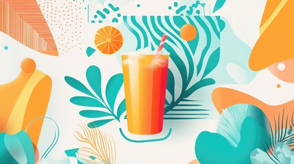 Vibrant abstract tropical juice artwork with orange and teal accents