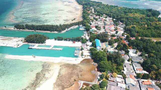 Aerial shot of Thousand Island, Indonesia Island of Pularu Pari