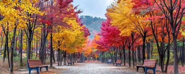 A beautiful autumnal park with rows of colorful trees and benches along a pathway.  The leaves are changing color in the fall, creating a vibrant landscape.