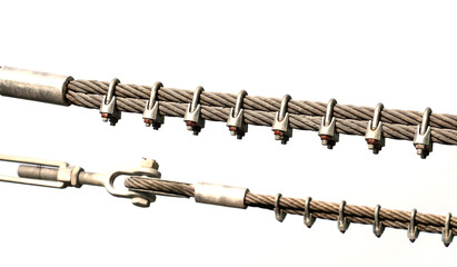 Steel wire rope hook with belt strap power cord, structure of suspension bridge railing isolated on a white background with clipping path, close up.