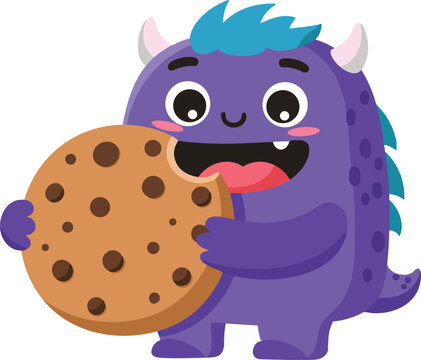Cute purple cartoon monster holding big chocolate chip cookie happy and playful character design vector illustration 