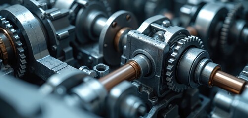 Detailed view of internal combustion engine parts. Cylinder piston crankshaft camshaft valves timing belt injectors spark plugs shown. Tech innovation for cars, auto engineering, repair, service,