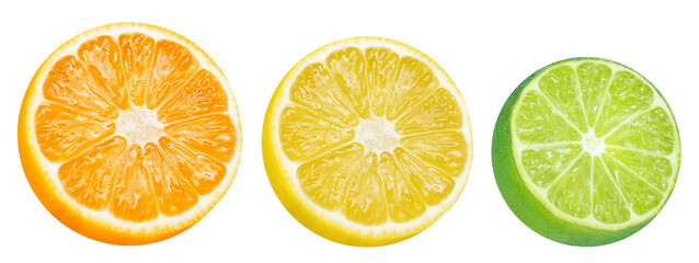 Obraz premium Collection of citrus halves - orange, lemon and lime on isolated white background. Citrus set.