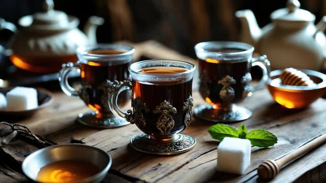 Elegant tea setup featuring three ornate glass cups filled with dark tea, honey, mint leaves, and sugar cubes on a rustic wooden table with a teapot in the background.