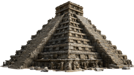 3D ancient Mayan pyramid with a characteristic stepped design and stone texture. Perfect for archaeological visuals and Central American cultural themes. Isolated on transparent background.