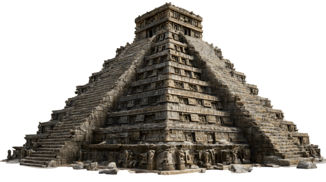 3D ancient Mayan pyramid with a characteristic stepped design and stone texture. Perfect for archaeological visuals and Central American cultural themes. Isolated on transparent background.