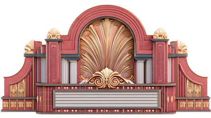 3D Art Deco theater facade featuring distinctive geometric ornamentation and a classic marquee shape. Perfect for entertainment history and vintage design projects. Isolated on transparent background.