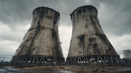 industrial cooling towers low angle perspective overcast sky black white photography massive concrete structures dramatic composition geometric patterns imposing scale power plant architecture heavy i