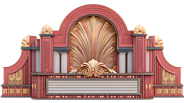 3D Art Deco theater facade featuring distinctive geometric ornamentation and a classic marquee shape. Perfect for entertainment history and vintage design projects. Isolated on transparent background.