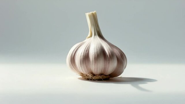 Fresh garlic bulb with smooth, papery skin and a subtle sheen, showcasing its round shape and roots, set against a softly lit, minimalistic background for enhanced visual appeal.