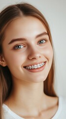 Smiling young caucasian female with braces and long brown hair
