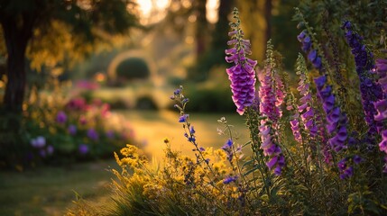 Obraz premium Stunning Purple Foxglove Flowers in a Vibrant Garden Sunset Golden Hour Blooming Summer Nature Photography Beautiful Floral Scene Lush Green Foliage Peaceful Tranquil Serene 