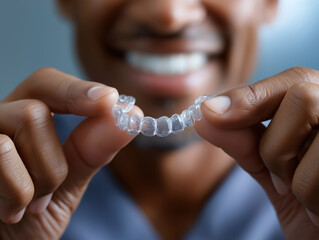 Smiling man holds clear orthodontic aligner in dental office at midday