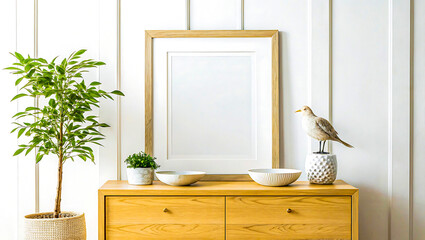 Modern home decor with wooden frame mockup on chest of drawers