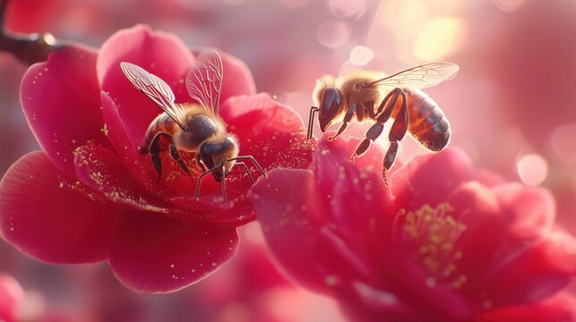 Honeybees pollinating vibrant red flowers in sunlit garden