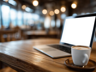 Cozy coffee shop setting with a laptop and cappuccino during the morning hours