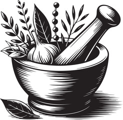 Black and white illustration of a mortar and pestle with various herbs, leaves, and garlic, representing traditional herbal medicine preparation