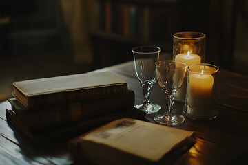 Still life of vintage books, glasses, and extinguished candles on a wooden table
