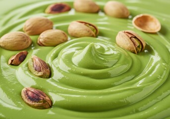 Thick green pistachio cream with generous topping of whole pistachios. Suitable for dessert ads or gourmet food illustrations.