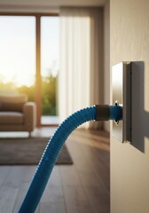 Blue hose connected to modern wall-mounted central vacuum inlet in bright room. Clean and efficient solution for contemporary homes.