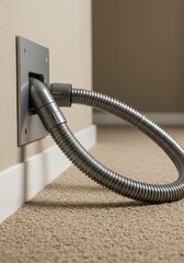 Built-in vacuum system hose plugged into low wall outlet in room corner. Space-saving smart home cleaning technology.