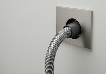 Flexible metal hose inserted into a wall socket, concept of power supply, industrial equipment, or non-standard electrical installation.
