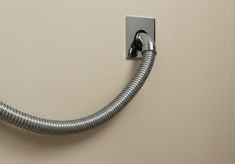Central vacuum system hose connected to wall inlet. Modern cleaning technology for smart homes and efficient interior cleaning.
