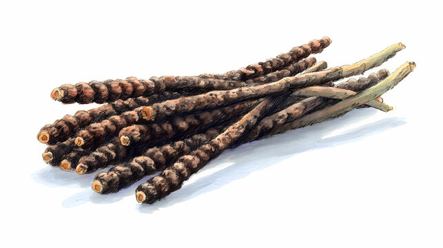 Watercolor Illustration of Long Pepper (Pipli) &ndash; Traditional Spice on White Background

