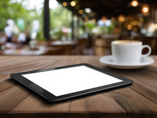 Tablet and coffee cup on wooden table in relaxed cafe atmosphere with outdoor view