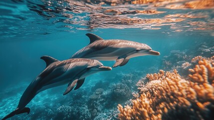 Obraz premium Pair of dolphins swimming gracefully near coral reef in vibrant ocean waters