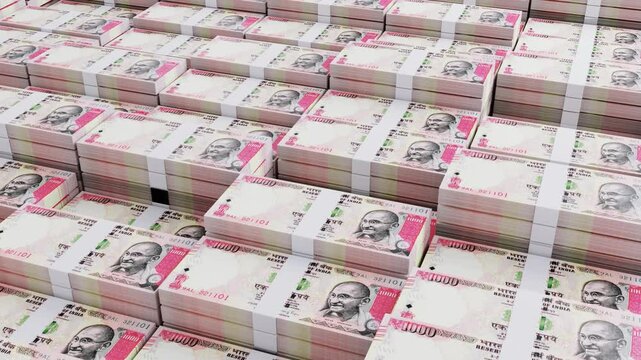 India 1000 Rupee Banknotes Camera Movement in Slow Motion. Realistic 3D Animation of indian Money, 4k Resolution Currency Stack stock video